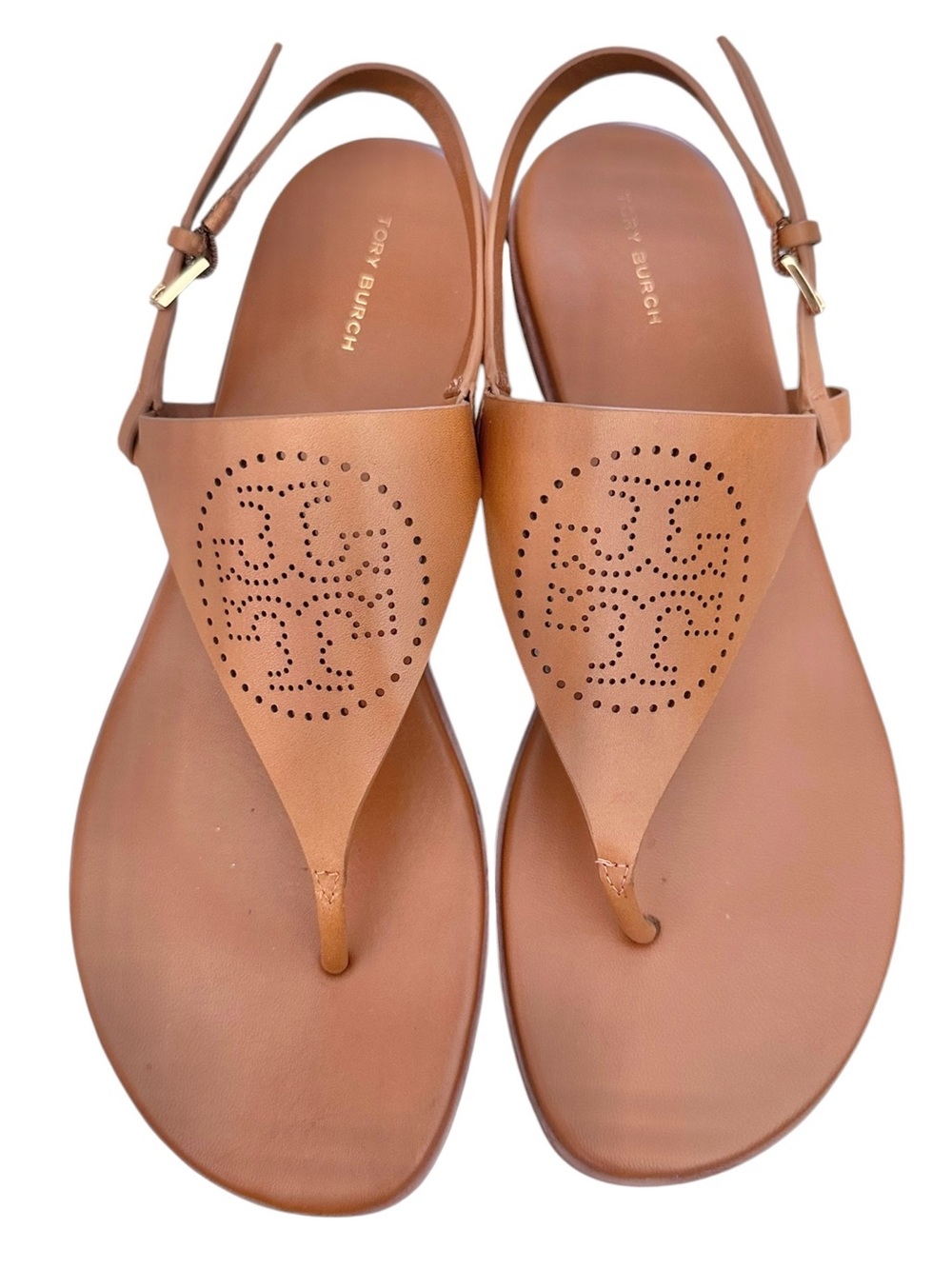 Tory Burch Capri Perforated Perf Logo Coconut Sugar Leather Thong Sandals 10 Box